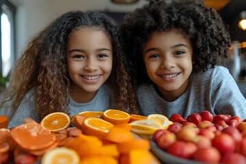 Young African American girls with curly hair smiling at fresh fruits on table, oranges and apples in foreground, natural lighting through window creates warm atmosphere.