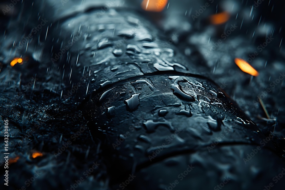 Aufkleber raindrops on dark surface with glowing orange sparks in background create dramatic atmosphere. water