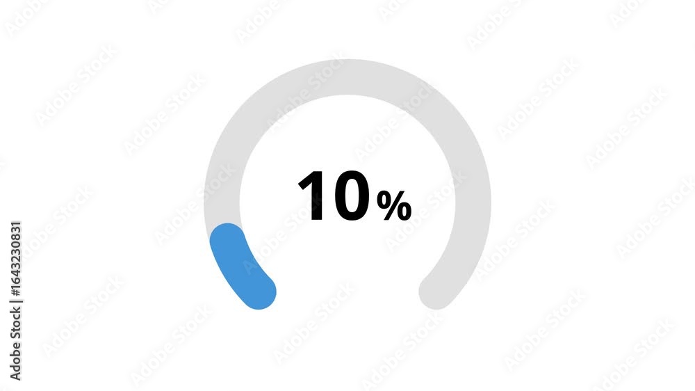 Poster smooth blue arch progress animation from 5 to 100 percent on a white background. numbers fade in sof