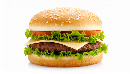 Fresh lettuce, cheese, and tomato hamburger ingredients on a simple white background