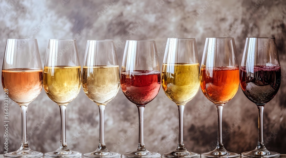 Poster wine glasses filled with different varieties from light rose to deep red arranged in row against rus