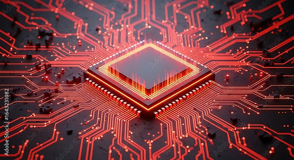 Poster abstract glowing red circuit board with a central processor, representing powerful technology and di