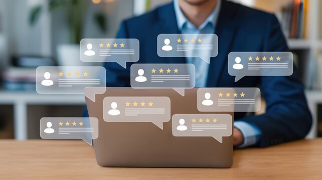 Customer Reviews - A businessman at a laptop, with an overlay of glowing speech bubbles with star ratings, for online customer feedback