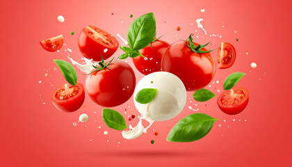 Caprese ingredients (tomatoes, mozzarella cheese, and basil) floating in motion against a simple red background