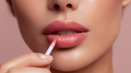 Naklejka premium Close-up of a beautiful woman applying glossy lip gloss with a wand, showcasing her full lips and flawless skin against a soft pink background, emphasizing beauty and self-care