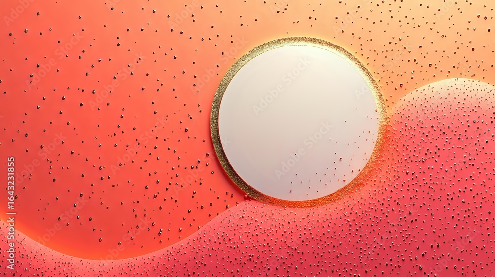 Poster minimalist round gold frame on coral pink gradient background with scattered dots pattern creates mo