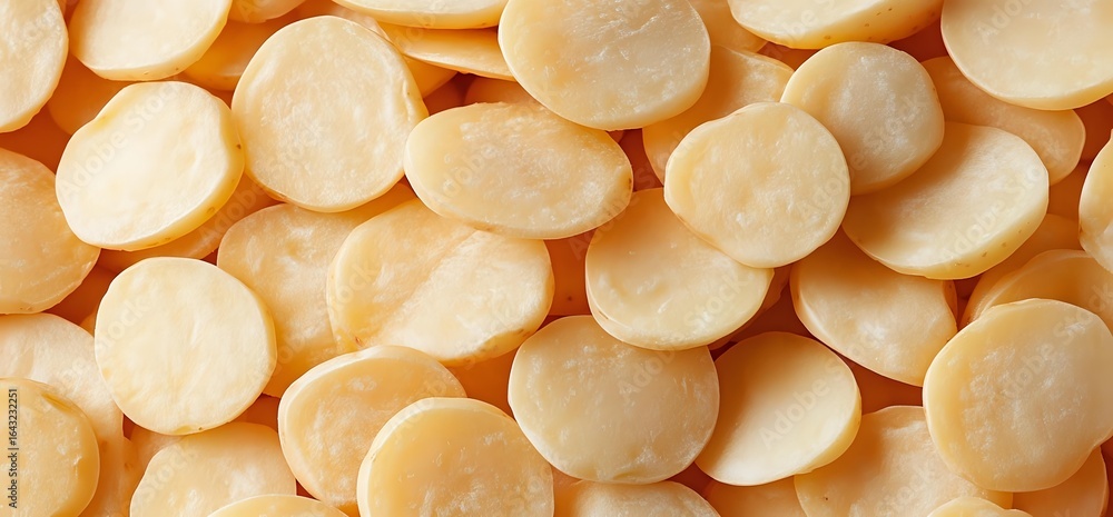 Poster fresh white chocolate buttons scattered in rows creating sweet confectionery background pattern, mac