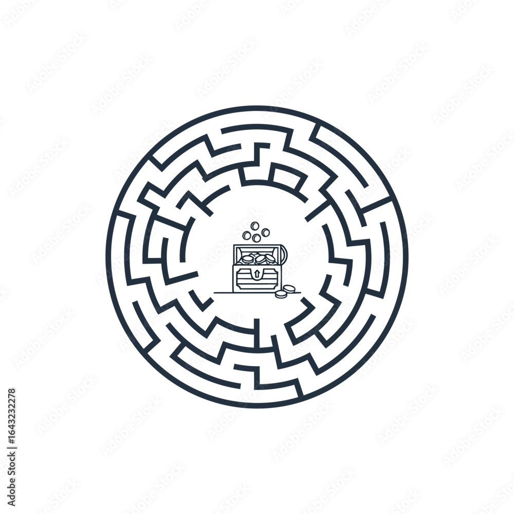Poster circular maze design with a small building icon in the center.
