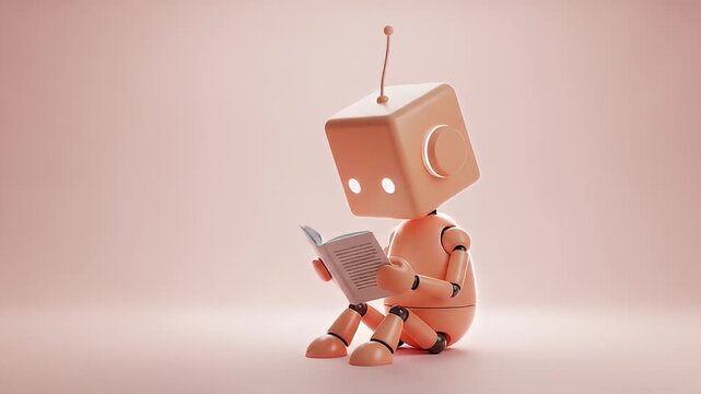 3d cartoon reading cute orange robot character book learning