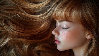 Naklejka premium Young woman with flowing blonde hair and natural makeup in profile view against dark background, eyes closed in serene expression, showing beauty and skincare concept.
