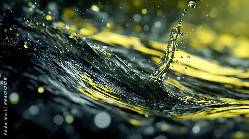 Poster water droplet creating rippling splash effect against dark surface with golden bokeh lights, capture