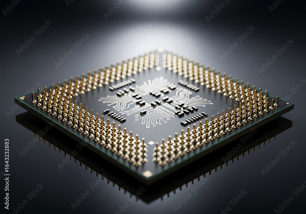 Poster a detailed macro shot of a computer processors underside, showcasing its intricate pins and circuitr