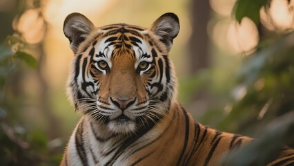 Obraz premium A majestic tiger with striking orange and black stripes gazes intently in a lush forest setting.