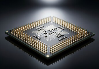 A detailed macro shot of a computer processors underside, showcasing its intricate pins and circuitry against a dark, dramatic background