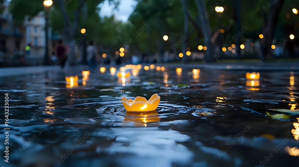 Poster Glowing paper lanterns floating on dark water surface at dusk, creating magical atmosphere with bokeh lights and reflections in evening park setting.
