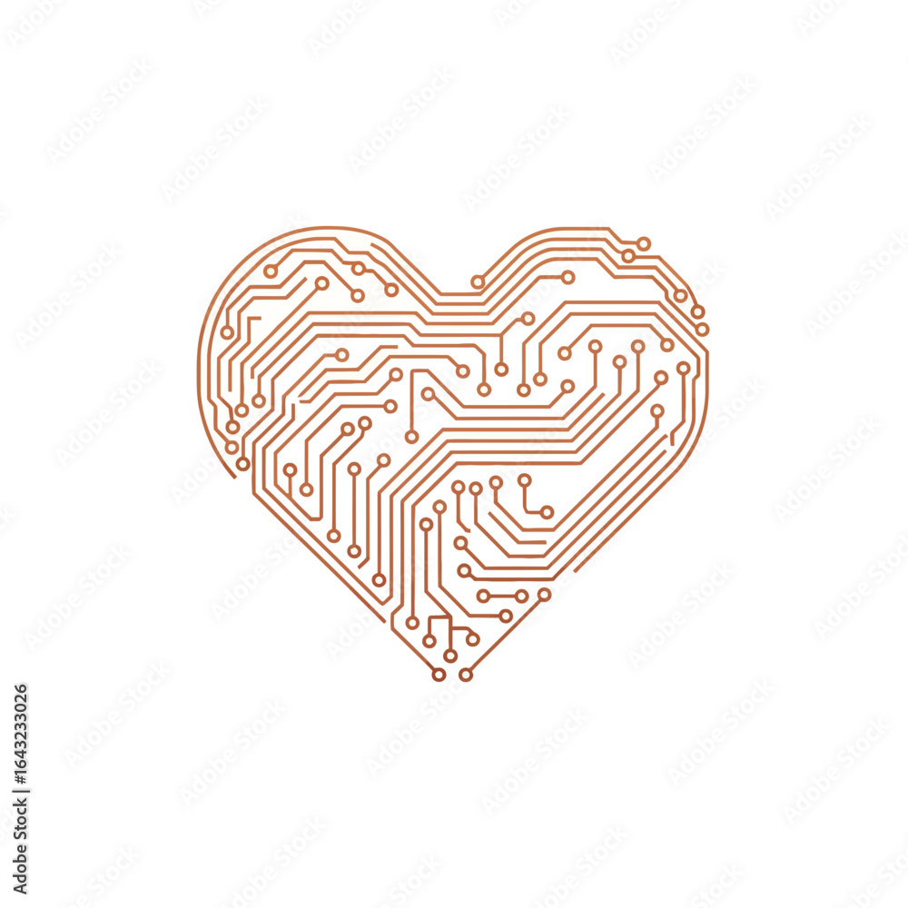 Poster a heart shape composed of circuit board pathways and electronic components.
