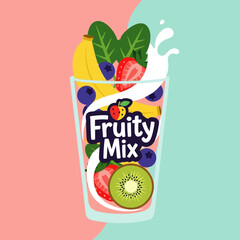 A colorful smoothie illustration featuring various fruits and leafy greens in a glass.