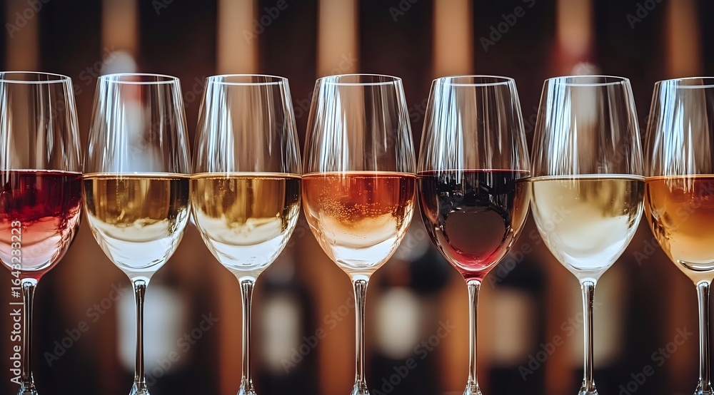 Poster wine glasses filled with different varieties from white to rose and red arranged in row on bar count
