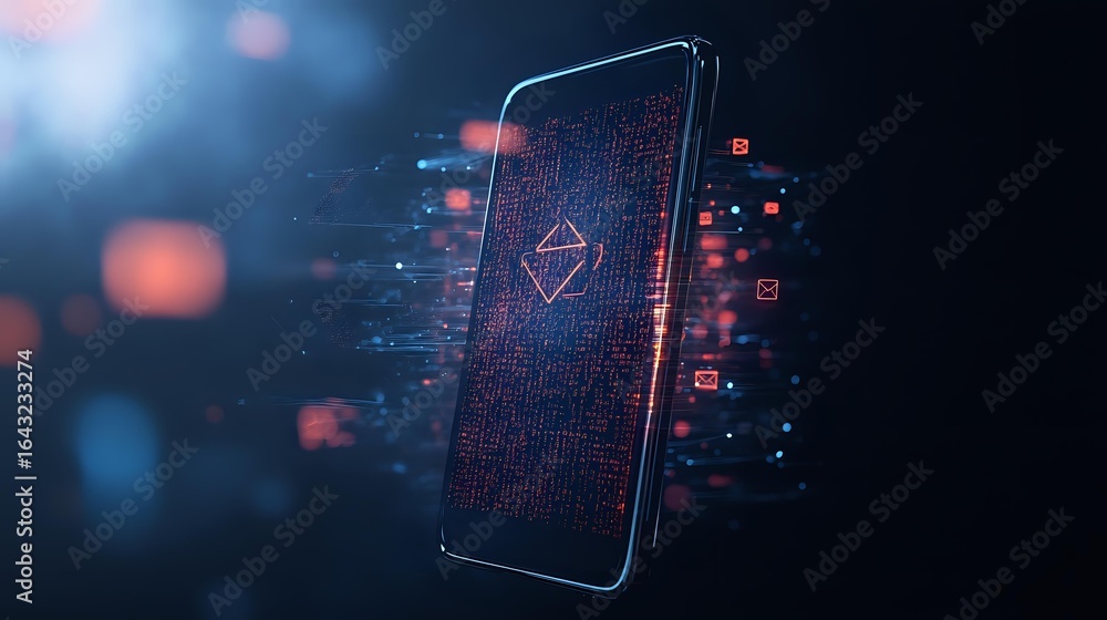 Poster smartphone displaying cybersecurity warning symbol with digital particles and code elements emerging