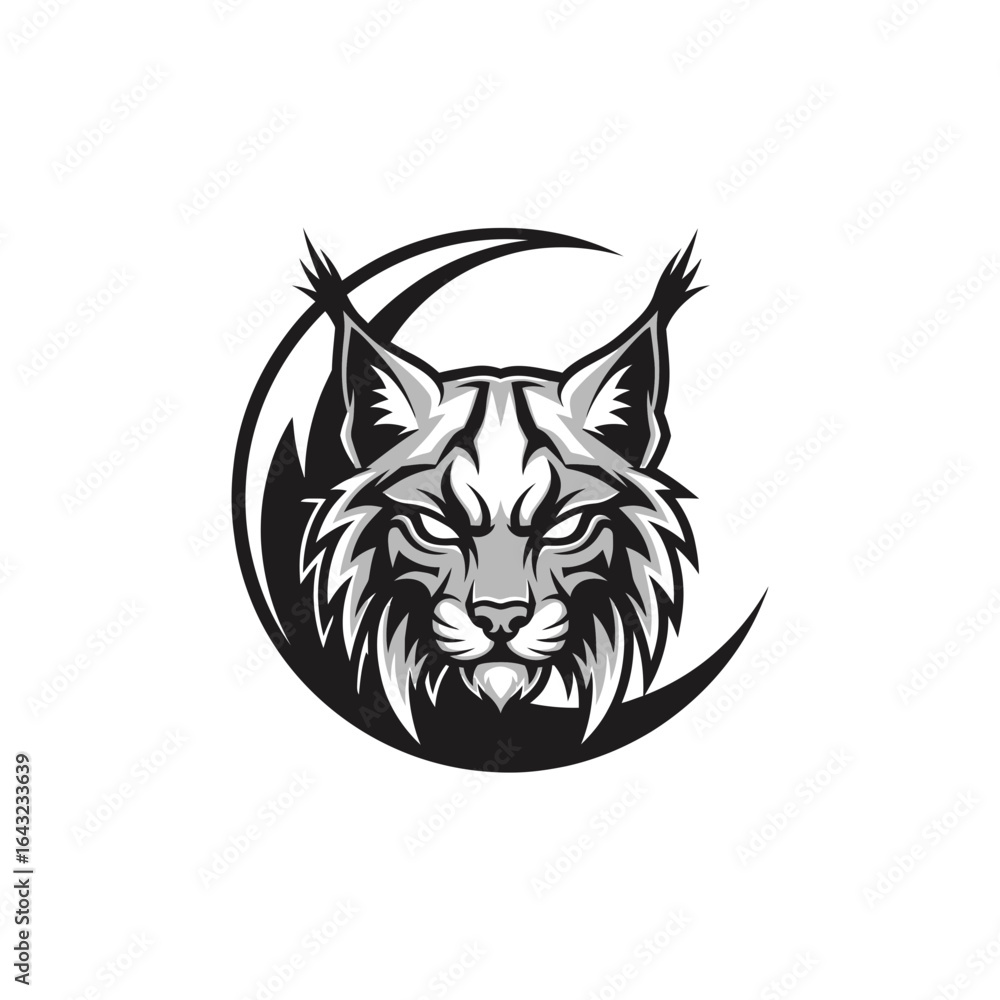 Poster a lynx head with a fierce expression is centered within a crescent moon shape.