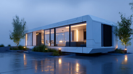 Modern Minimalist House with Large Windows and Outdoor Lighting at Dusk
