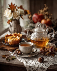 Fototapeta premium Seasonal Tea Set with Autumn Desserts
