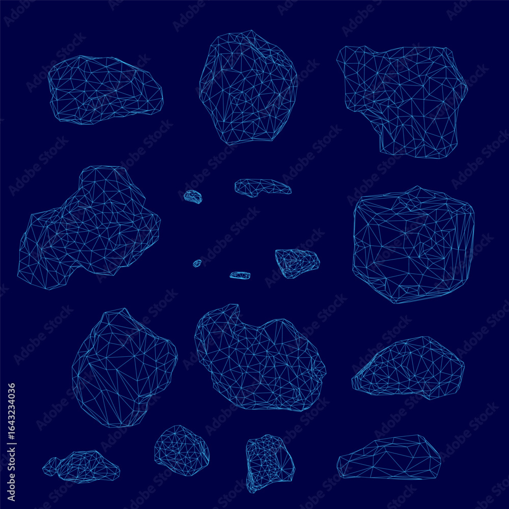 Poster blue polygonal rocks arranged in a symmetrical wireframe pattern on a dark blue background. the geom