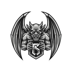 A winged gargoyle holds a shield with a letter inside its claws.