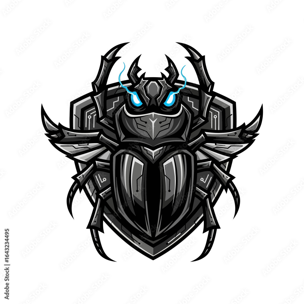 Poster a stylized beetle with a shield design featuring sharp details and glowing eyes.