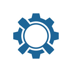 A blue gear graphic represents settings or configuration. It is a mechanical symbol.