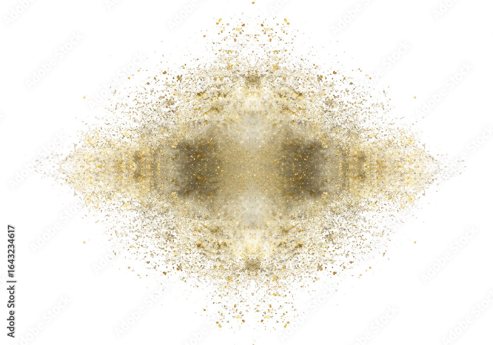 Poster abstract symmetrical pattern of gold glitter and sparkles on a transparent background
