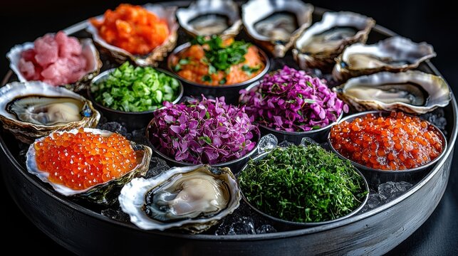 meticulously arranged platter featuring fresh oysters on ice paired vibrant toppings like seafood and herbs showcasing gourmet presentation in elegant setting.