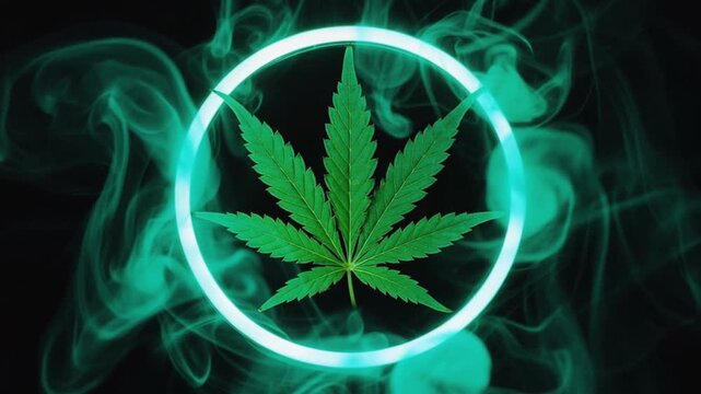 Cannabis Leaf with Neon Green Ring and Smoke Effect