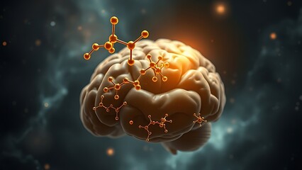 Fototapeta premium A golden molecular structure of spermidine floating above a brain-shaped nebula, glowing with energy.