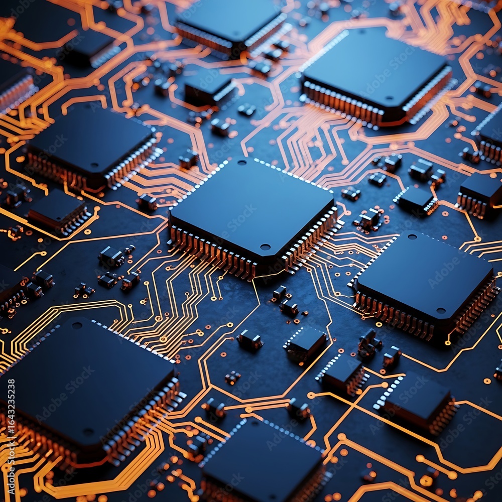 Aufkleber closeup view of a complex electronic circuit board with multiple microchips and glowing orange pathw