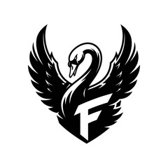 Obraz premium A stylized black swan with outstretched wings and a letter F incorporated.
