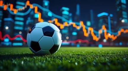 Soccer ball on field with financial stock market graph background