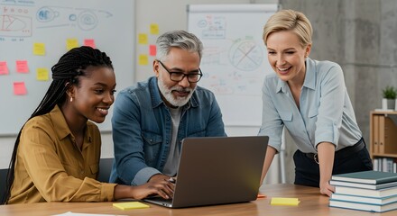 Diverse business team collaborating on laptop