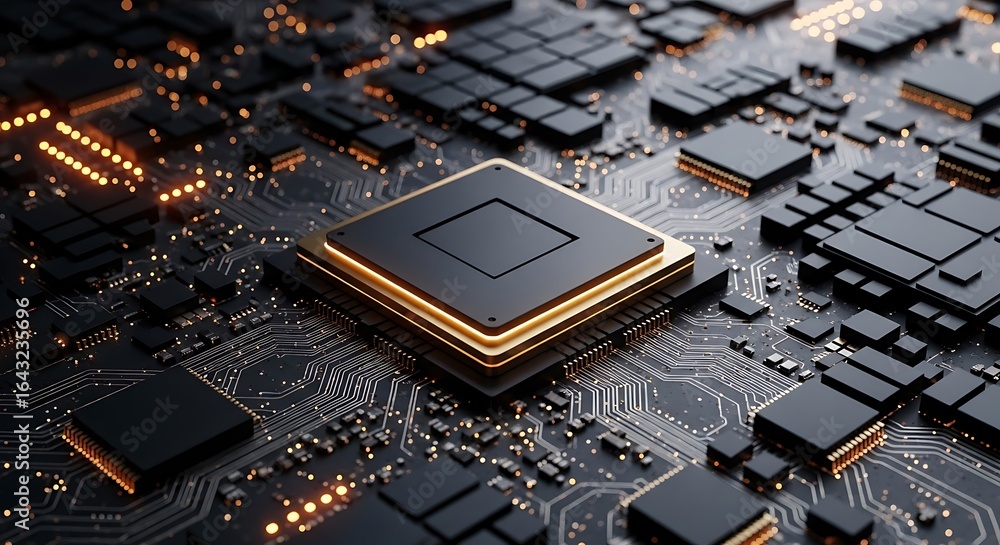 Poster detailed view of a central processor unit on a dark circuit board with illuminated golden accents, r