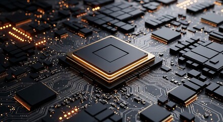 Detailed view of a central processor unit on a dark circuit board with illuminated golden accents, representing cuttingedge technology and electronic engineering