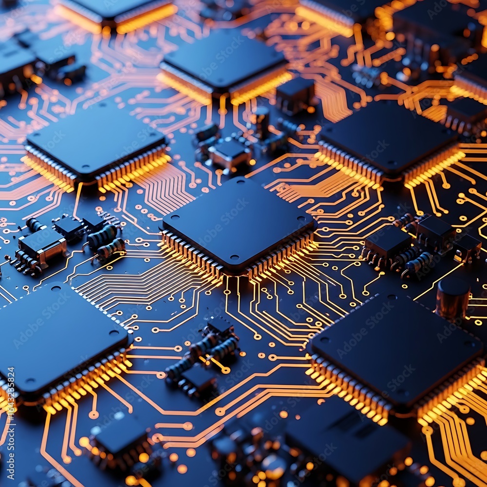 Poster closeup view of a complex electronic circuit board with multiple microchips and glowing orange pathw