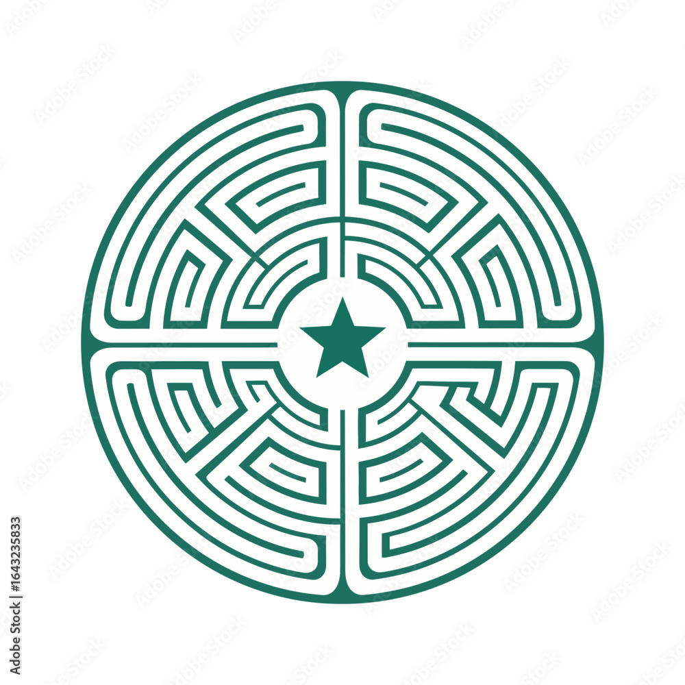 Poster circular maze design with a star in the center. lines form pathways.