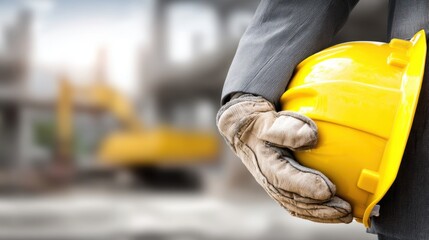 Construction safety practices worker in suit with hard hat at job site industrial environment close-up viewpoint