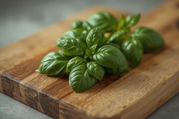 Fresh Organic Basil Leaves and Herbs on Wooden Board: Natural Cooking Ingredients for Italian Cuisine and Healthy Eating