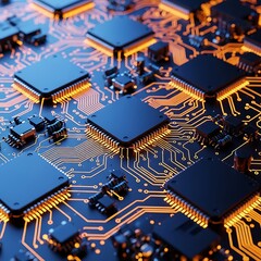 Closeup view of a complex electronic circuit board with multiple microchips and glowing orange pathways, representing advanced technology and data processing