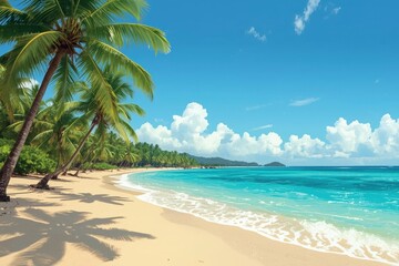 Tropical Beach Paradise with Palm Trees and Ocean Waves: Scenic Summer Vacation Destination for Relaxation and Serenity