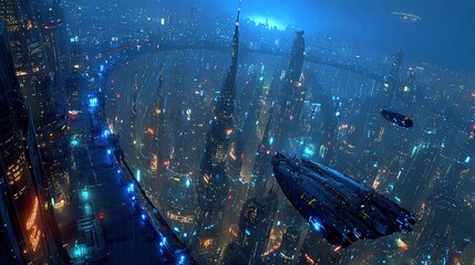 Naklejka premium Cyberpunk Futuristic Cityscape with Neon Glows and Flying Crafts in Rainy Atmosphere