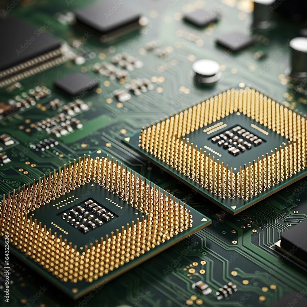 Poster two central processing unit cpu chips with gold pins resting on a green electronic circuit board, sh