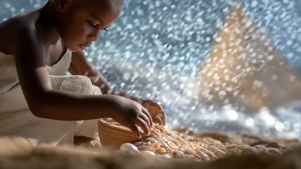 A child building a sandcastle at the beach with seashells - Powered by Adobe