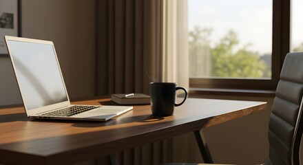 Home office workstation with laptop and coffee